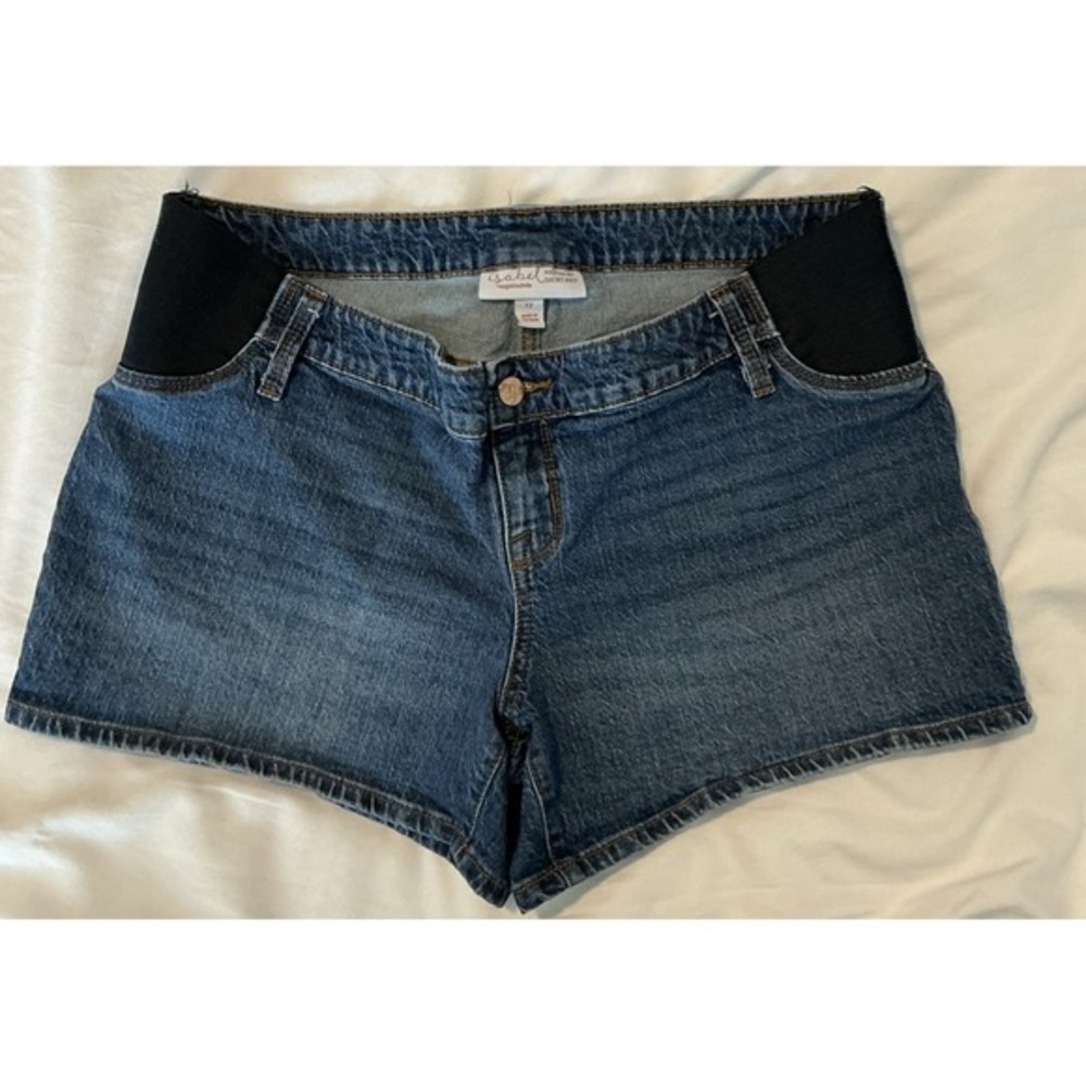 Isabel Maternity Midi Jean Shorts Size 12 Blue‎ Pockets Elastic Waist